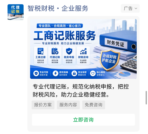 财税服务咨询广告样式：服务图片、业务介绍与咨询按钮